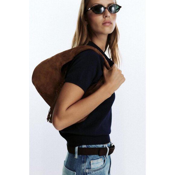 ZARA FRINGED SPLIT SUEDE SHOULDER BAG - Picture 1 of 7
